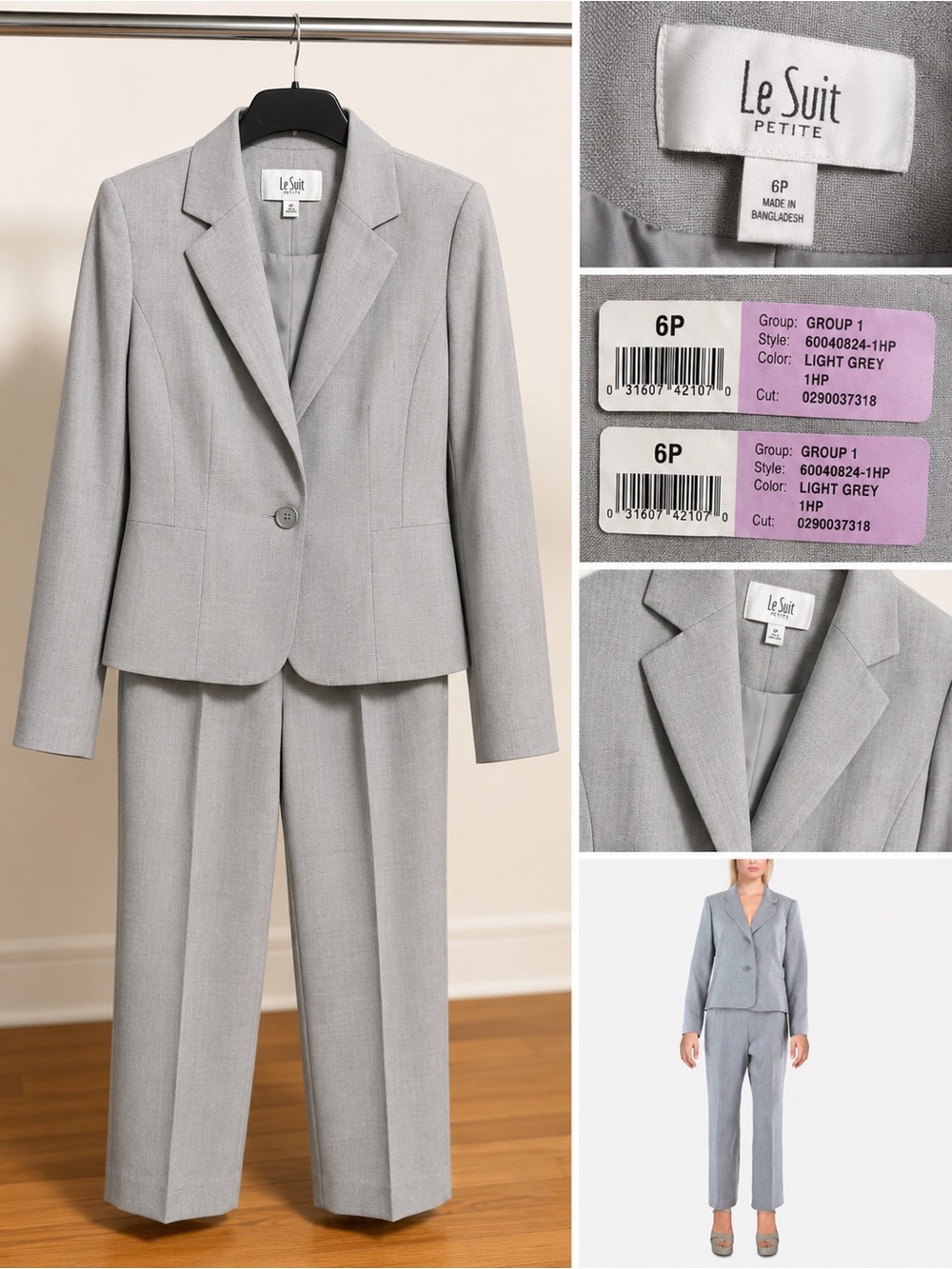 Le Suit Petite Gray Pant Suit 2PC Career Office Wedding Formal Size 6P NWT